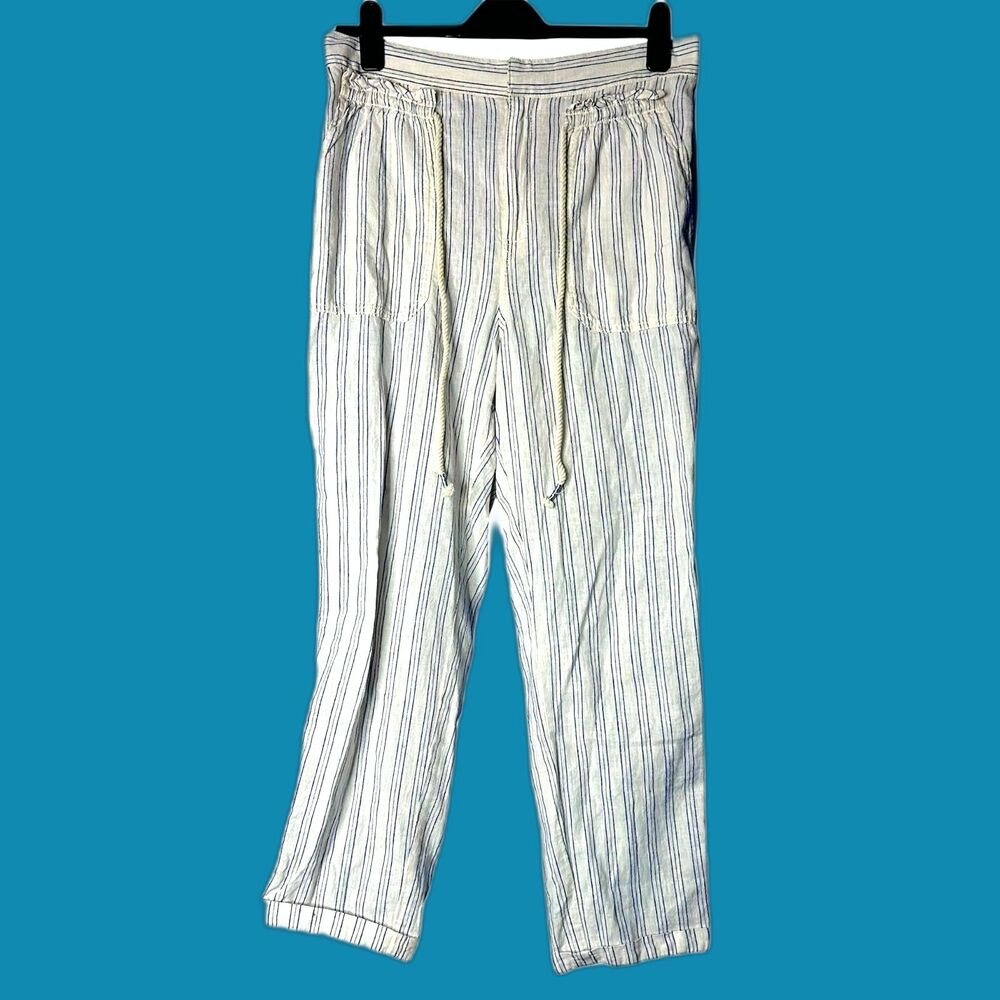 Anthropologie Womens Seashore Stripe Linen Pants Sz‎ M Coastal Resort Nautical